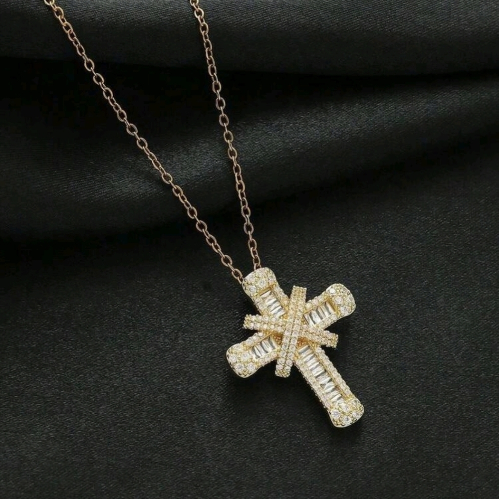 Gold Crystal Cross Pendant Necklace - Women Jewelry